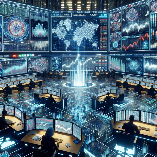 A futuristic stock market with AI-driven analytics and digital trading screens.