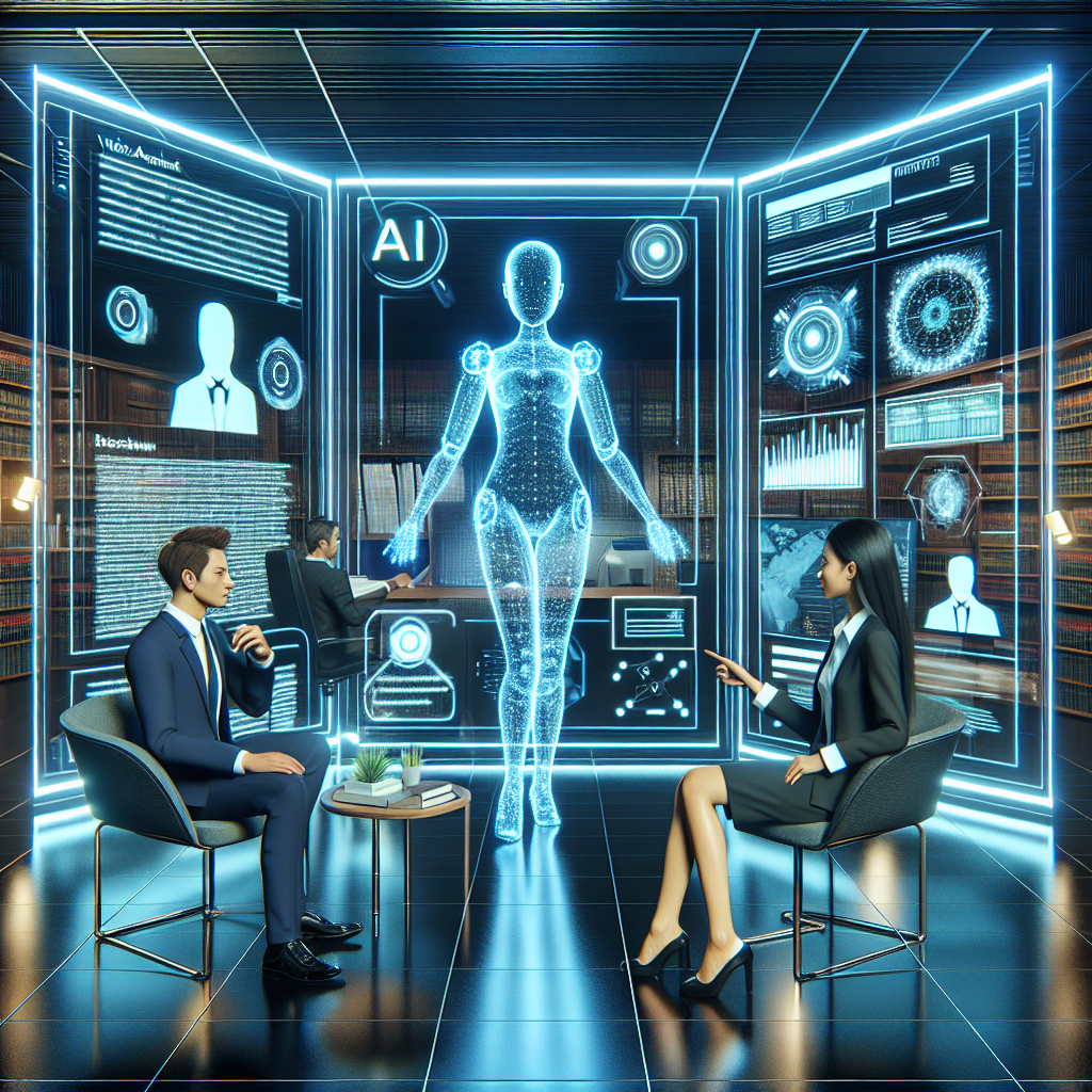 An AI-themed image depicting a futuristic law office, with digital screens displaying legal documents and a virtual assistant interacting with clients.