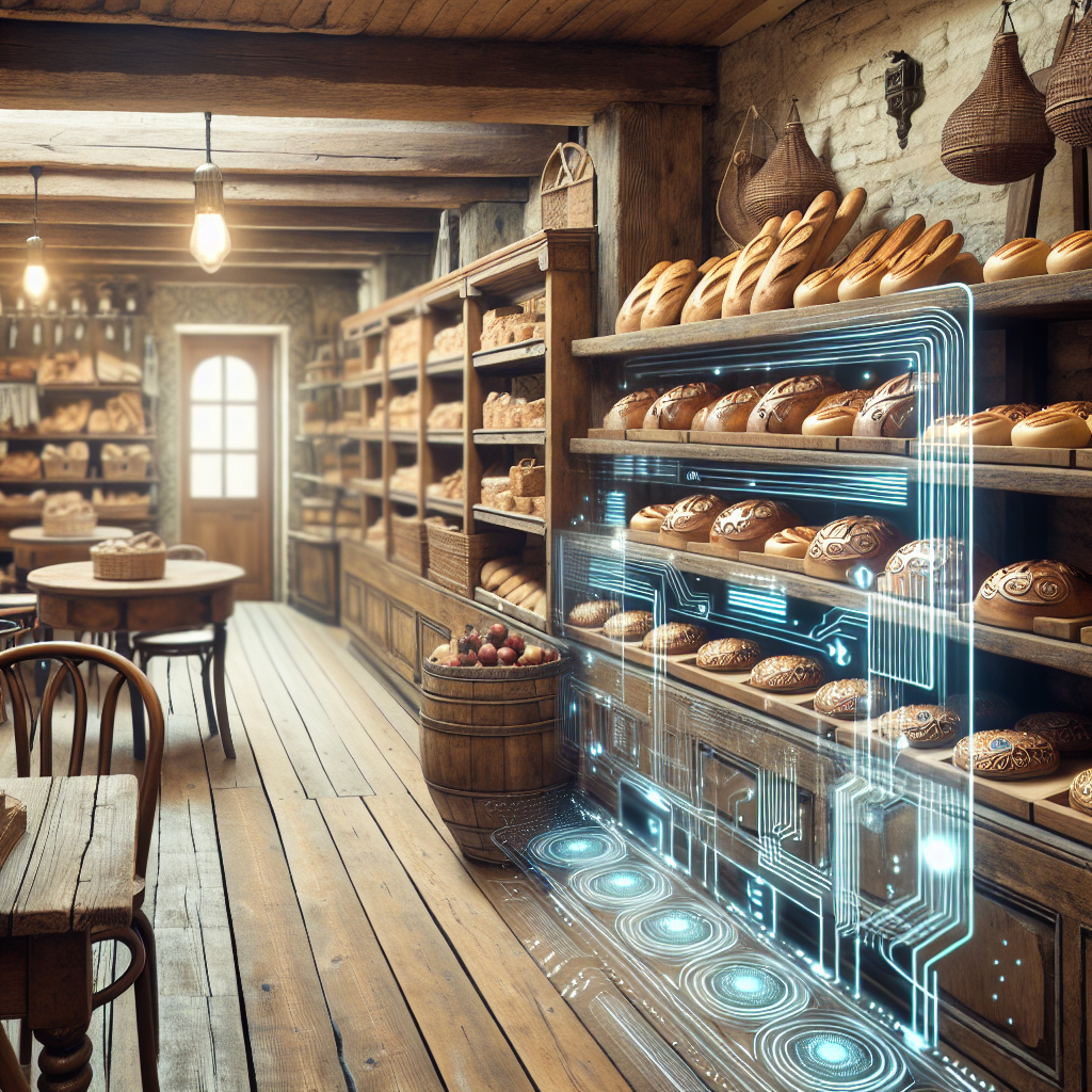 An artisan bakery with a warm, inviting interior filled with fresh bread and pastries. A futuristic digital interface subtly integrates into the scene, symbolizing AI technology enhancing traditional charm.