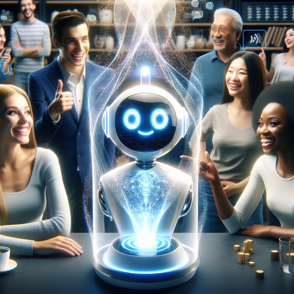 A futuristic small business setting with an AI chatbot interacting with customers, showcasing digital transformation in customer service operations.