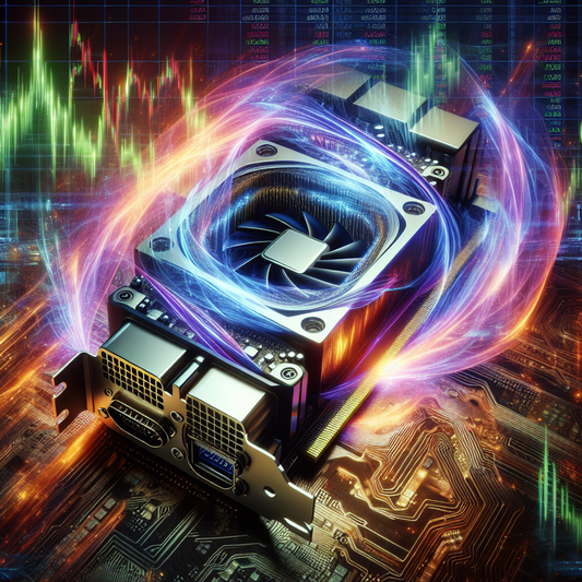 A futuristic scene depicting Nvidia's next-generation GPU surrounded by dynamic energy waves symbolizing AI advancement, with stock market graphs and charts in the background.