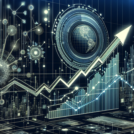 A graphic representation of Nvidia's stock rising, symbolized by a graph with an upward trajectory, integrated with AI-themed elements like neural networks and futuristic data centers.