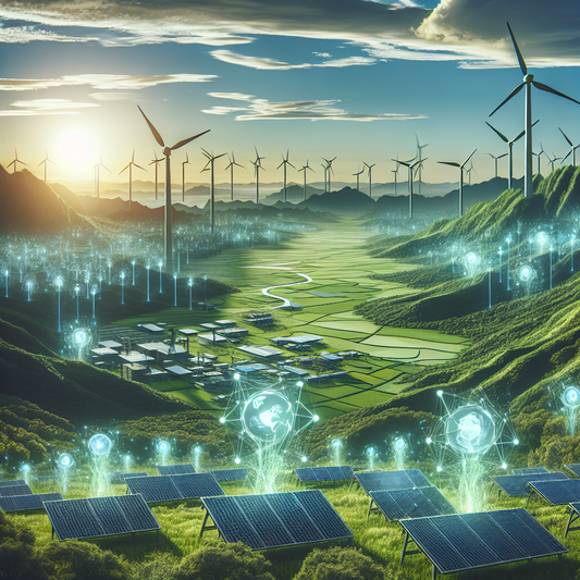 A futuristic landscape showcasing AI technologies, solar panels, and wind turbines working together in lush greenery, symbolizing a sustainable, eco-friendly future.