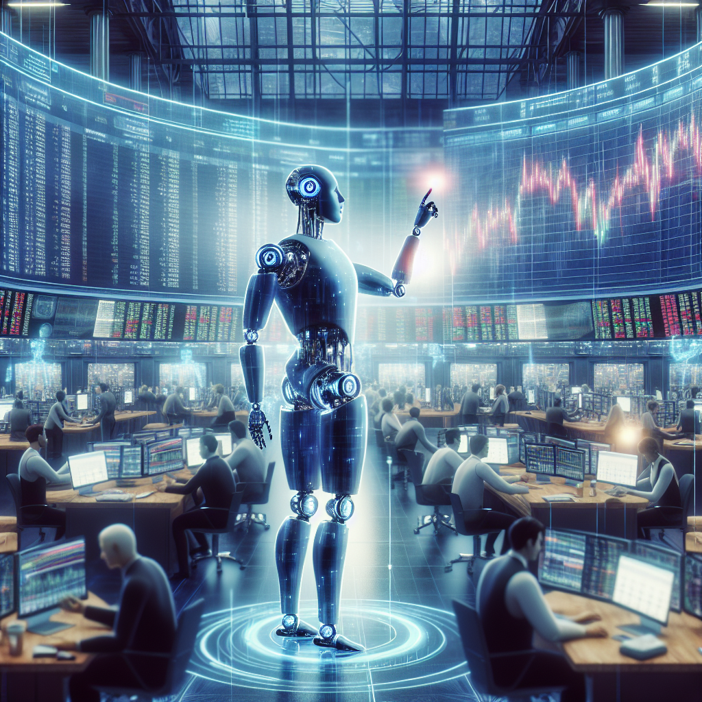 A futuristic AI-driven stock market analysis scenario, showing a digital stockbroker powered by AI alongside a bustling financial trading floor.