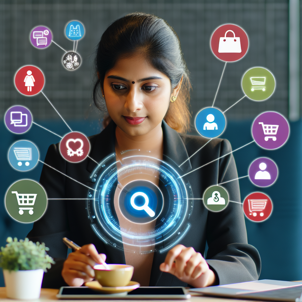 A small business owner using AI technology to analyze customer data on a digital dashboard, surrounded by icons of shopping, hospitality, and customer engagement, representing various personalization applications.