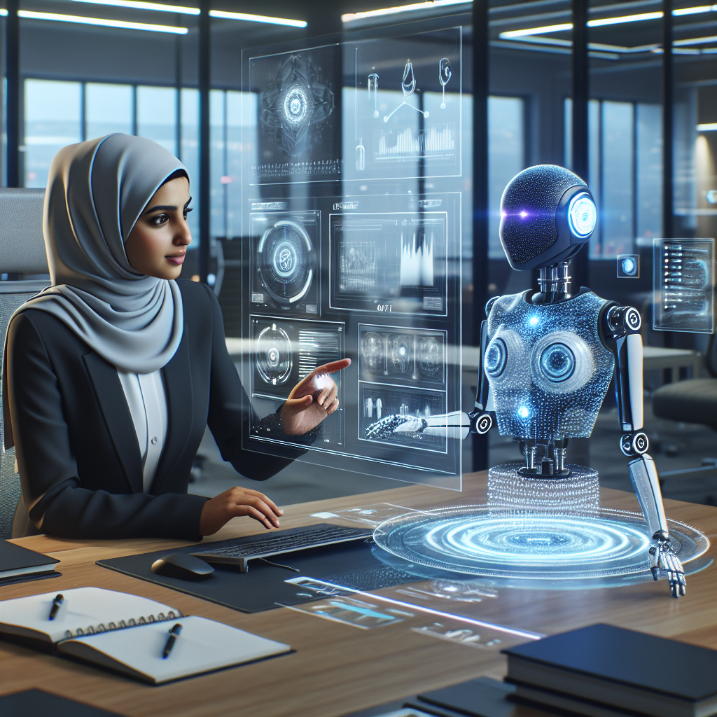 A futuristic office with a small business owner interacting with a holographic AI assistant, showcasing digital screens with data analytics and automated task management.