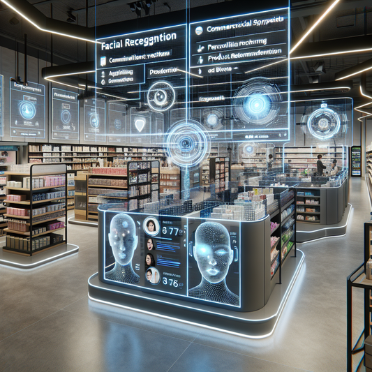 A futuristic retail store with AI technology, including facial recognition and digital screens displaying personalized product recommendations for customers.