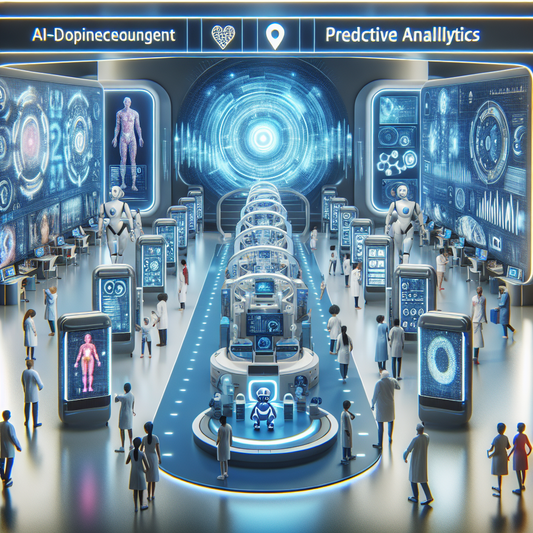 A futuristic hospital scene where AI technology is seamlessly integrated into daily healthcare operations, with AI-driven diagnostic machines, predictive analytics displays, and patient interaction robots.