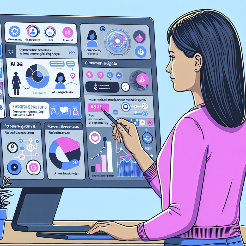 An illustration depicting a small business owner interacting with a digital dashboard showing AI-driven customer insights and personalized marketing strategies.