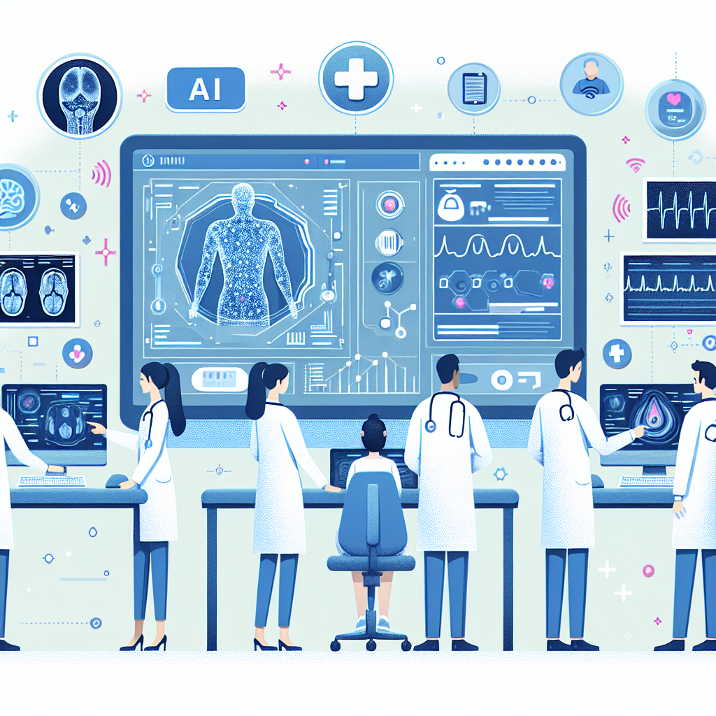 A futuristic hospital scene with doctors using AI-powered tools, displaying AI interface; AI diagnostic equipment analyzing patient data; background of medical images and codes.