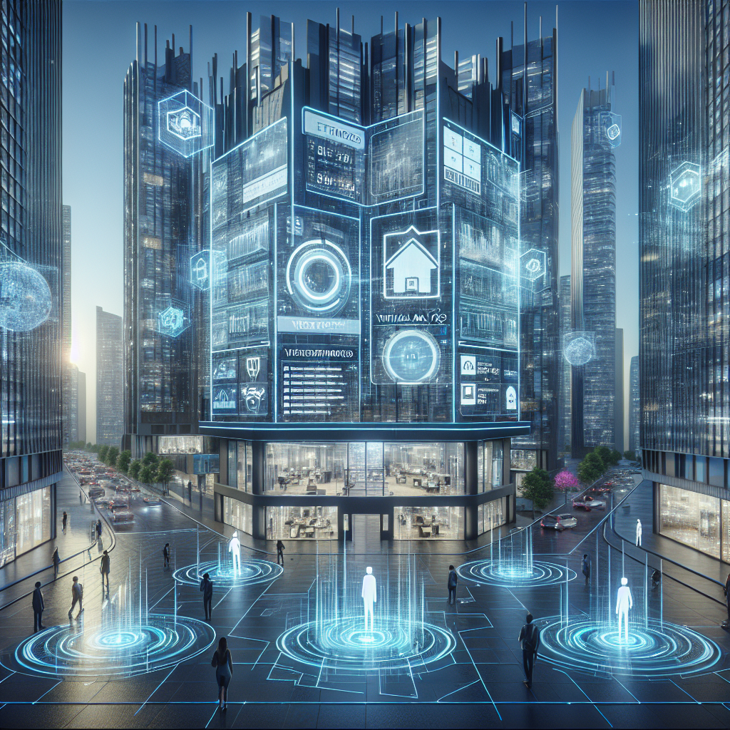 A futuristic cityscape with AI-driven elements: digital screens displaying real estate listings, virtual tours visible through AR headsets, and data analytics graphs overlaying modern buildings.