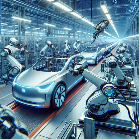 An electric vehicle assembly line with AI robots making real-time adjustments.