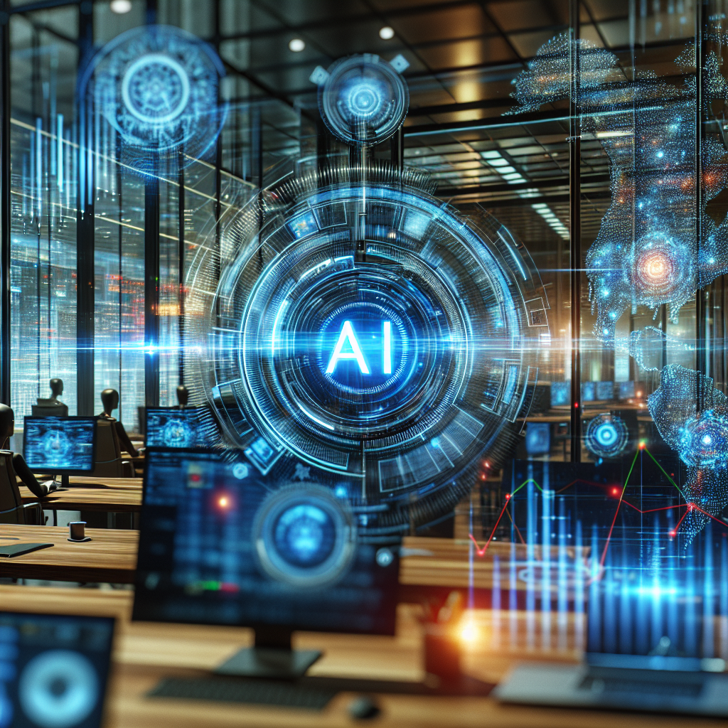 A futuristic office setting with holographic displays showing AI analytics, a Microsoft logo subtly incorporated, and a dynamic, bustling stock market background.