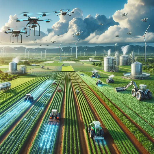 A futuristic farm with drones, AI-powered tractors, and robotic machinery working in fields, depicting precision farming and sustainable agricultural technologies.