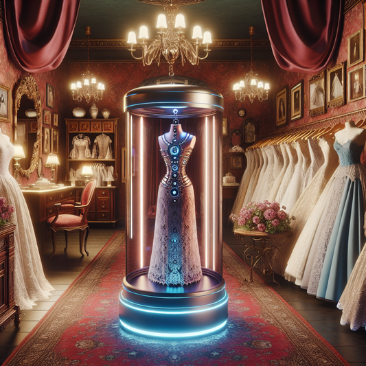 A charming, vintage bridal boutique incorporating a futuristic AI chatbot interface, blending old-world elegance with cutting-edge technology.