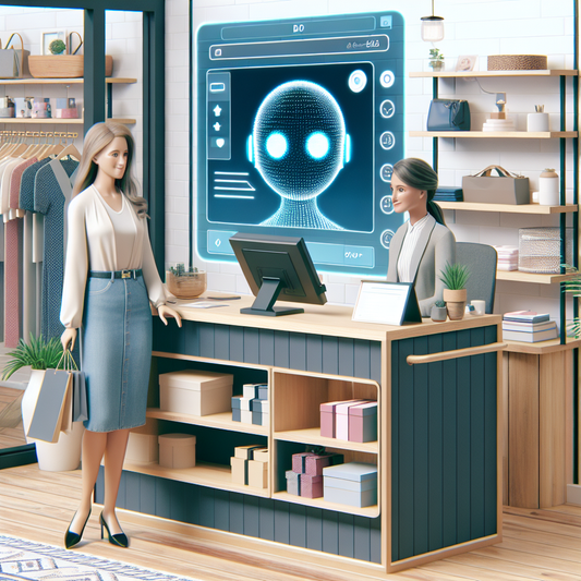 A small retail store with a digital interface on the front desk showing an AI chatbot assisting a customer in making a purchase.