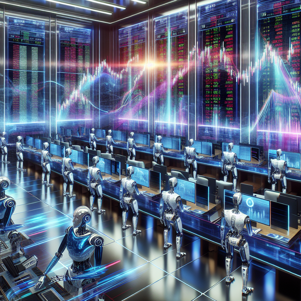 A futuristic stock trading floor with robots, screens displaying stock movements, and digital data streams representing AI-driven algorithms in action.