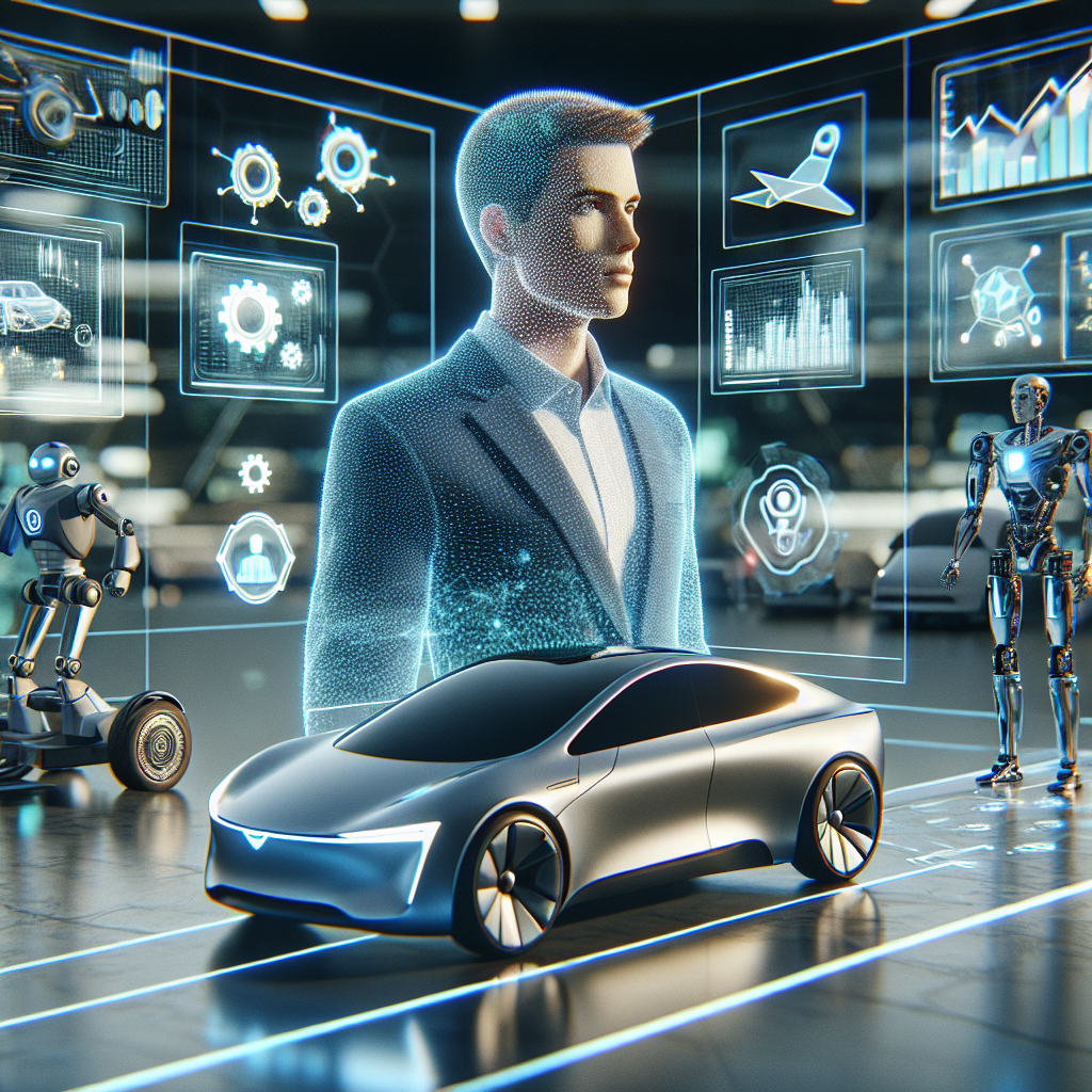 A futuristic scene featuring a Tesla car, robots, and AI elements, with Elon Musk overseeing a digital network.