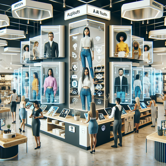 A futuristic retail store with smart mirrors and AI-powered kiosks, augmented reality elements, and a diverse group of customers interacting with AI technologies, showcasing the blend of digital and physical shopping experiences.