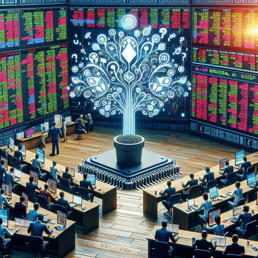 A bustling stock market scene with tech logos sprouting from a digital plant in the shape of an AI chip, symbolizing the growth and challenges in AI technology investments.