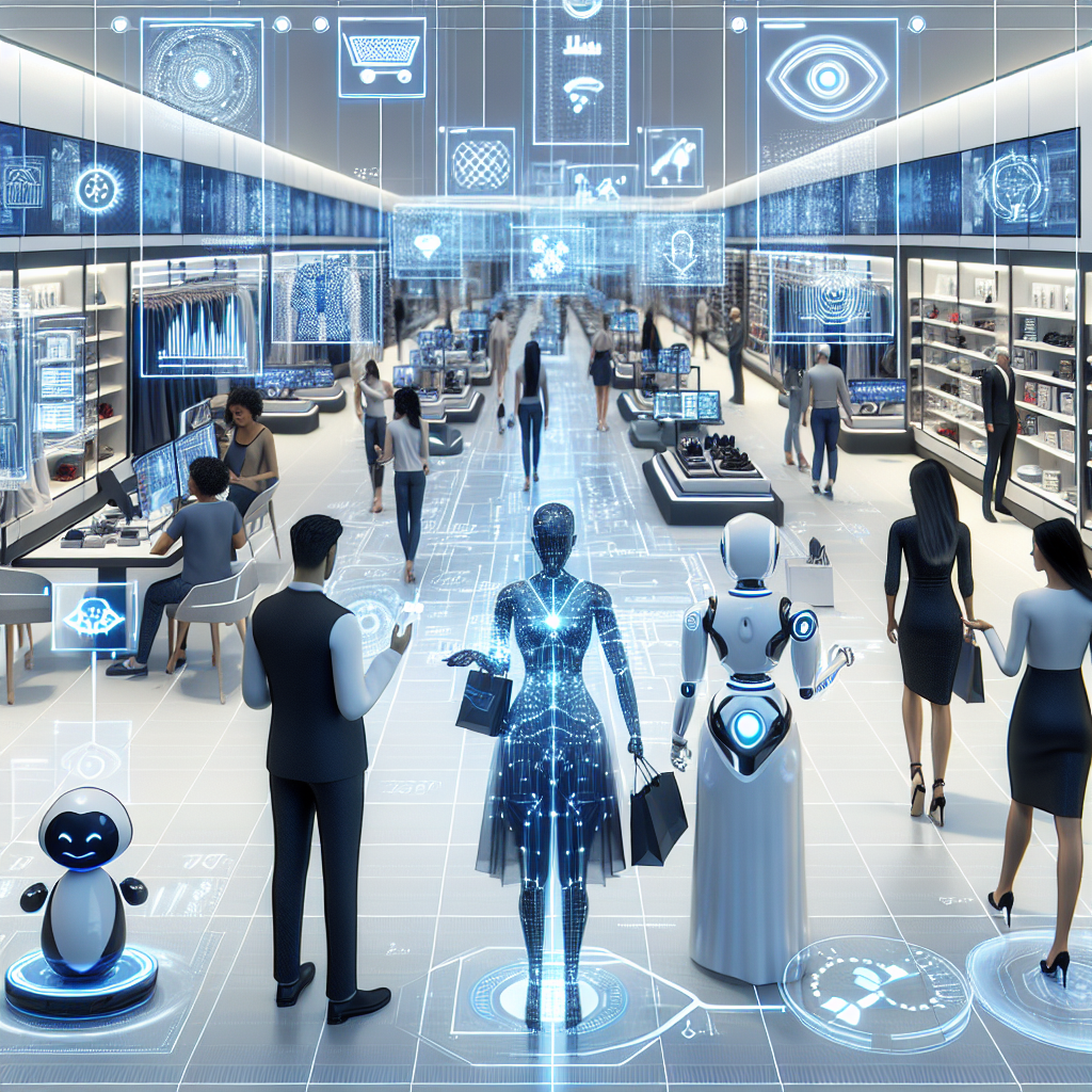 A futuristic retail store with AI-driven systems managing inventory, a customer interacting with a personalized shopping screen, and an AI chatbot assisting a shopper.