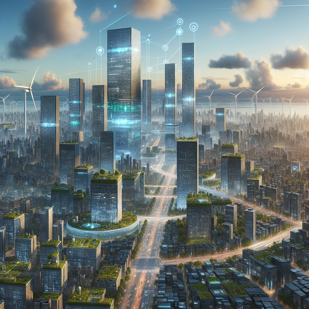 A futuristic cityscape powered by AI technology with green landscapes and efficient infrastructure, symbolizing the integration of sustainability and advanced technology.