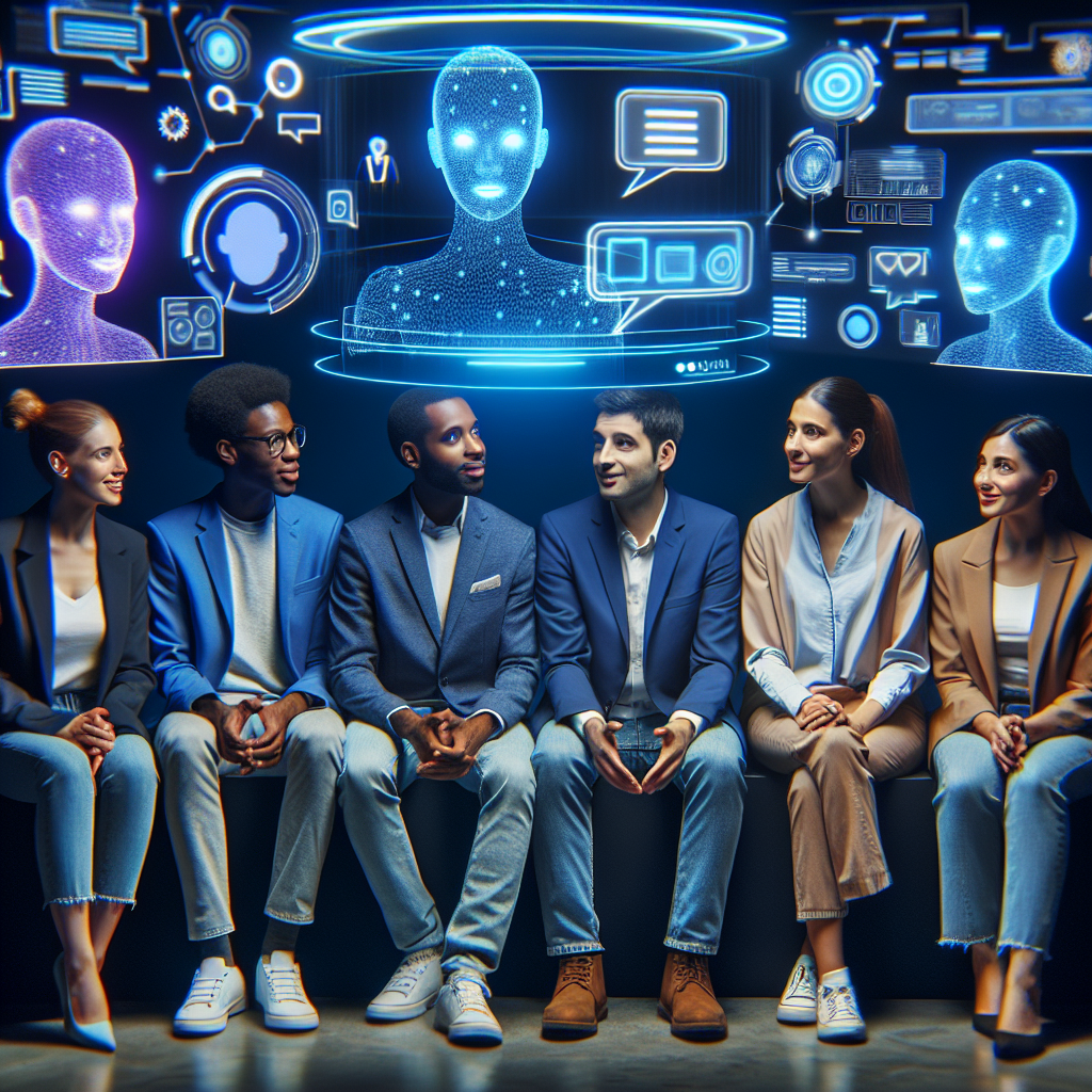 A diverse group of small business owners interacting with a futuristic, holographic chatbot interface.