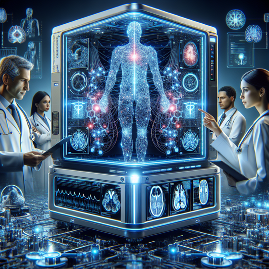 An advanced AI machine analyzing a medical image with doctors in the background, showcasing the fusion of technology and healthcare.