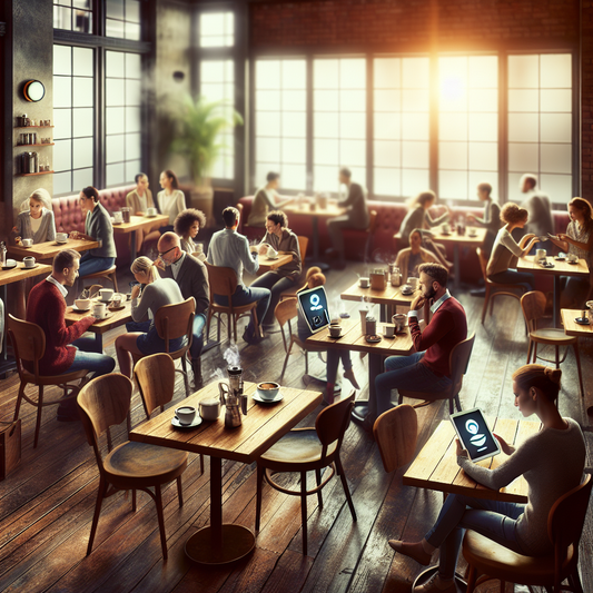 A cozy café bustling with customers interacting with digital assistants on tablet screens, capturing a blend of technology and warm coffee shop ambiance.