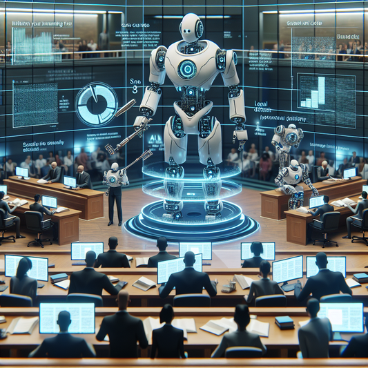 A futuristic courtroom where AI-powered robots assist lawyers in reviewing legal documents and strategizing cases.