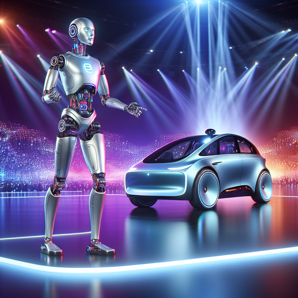 A futuristic humanoid robot on stage next to a sleek, autonomous Tesla car under dynamic, colorful lighting, symbolizing AI innovation.