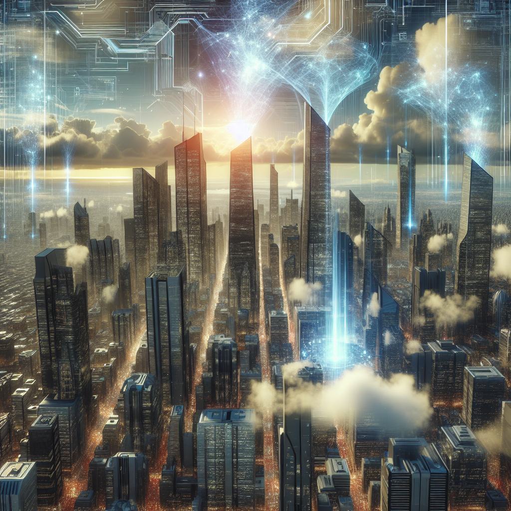 A futuristic cityscape reflecting AI technology integration, with digital data streams weaving through skyscrapers.