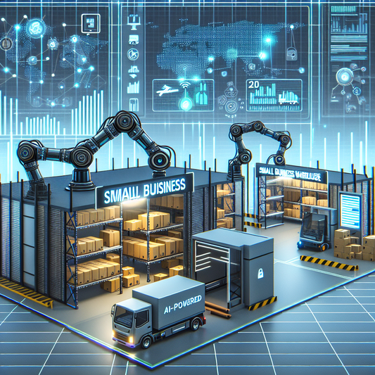 Illustrate a small business warehouse with robotic arms managing inventory, AI-powered delivery trucks optimizing routes, and digital screens showing demand forecasts.