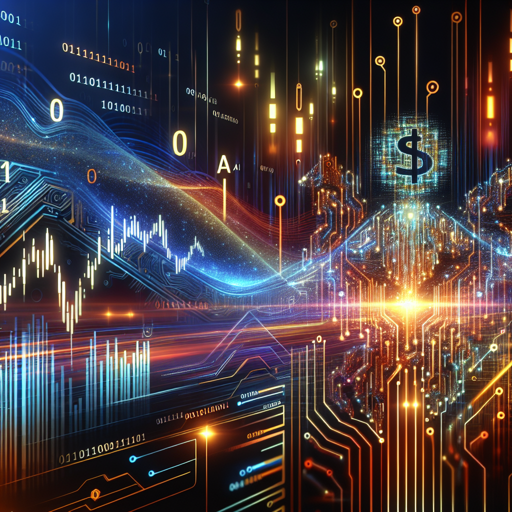 An abstract representation of the stock market with AI-themed elements, such as digital numbers and futuristic design, to symbolize C3.ai's fluctuating stock prices and potential growth in the AI sector.