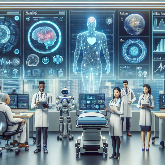 A futuristic hospital setting with AI-powered machines assisting doctors in diagnosing patients, visualizing data analytics charts and graphs projecting patient outcomes.