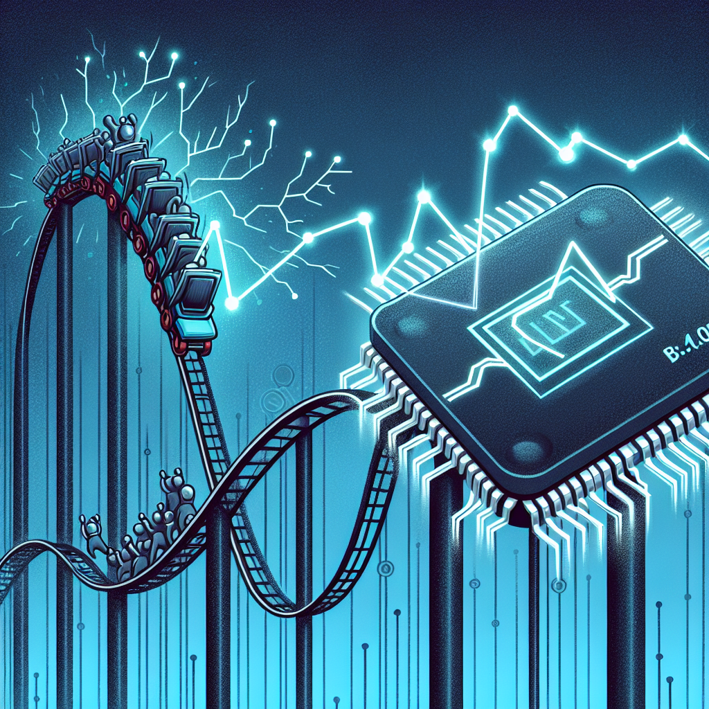 A stock market graph overlaying a rollercoaster, symbolizing NVIDIA's volatile stock movements, with AI chip graphics subtly integrated into the design.