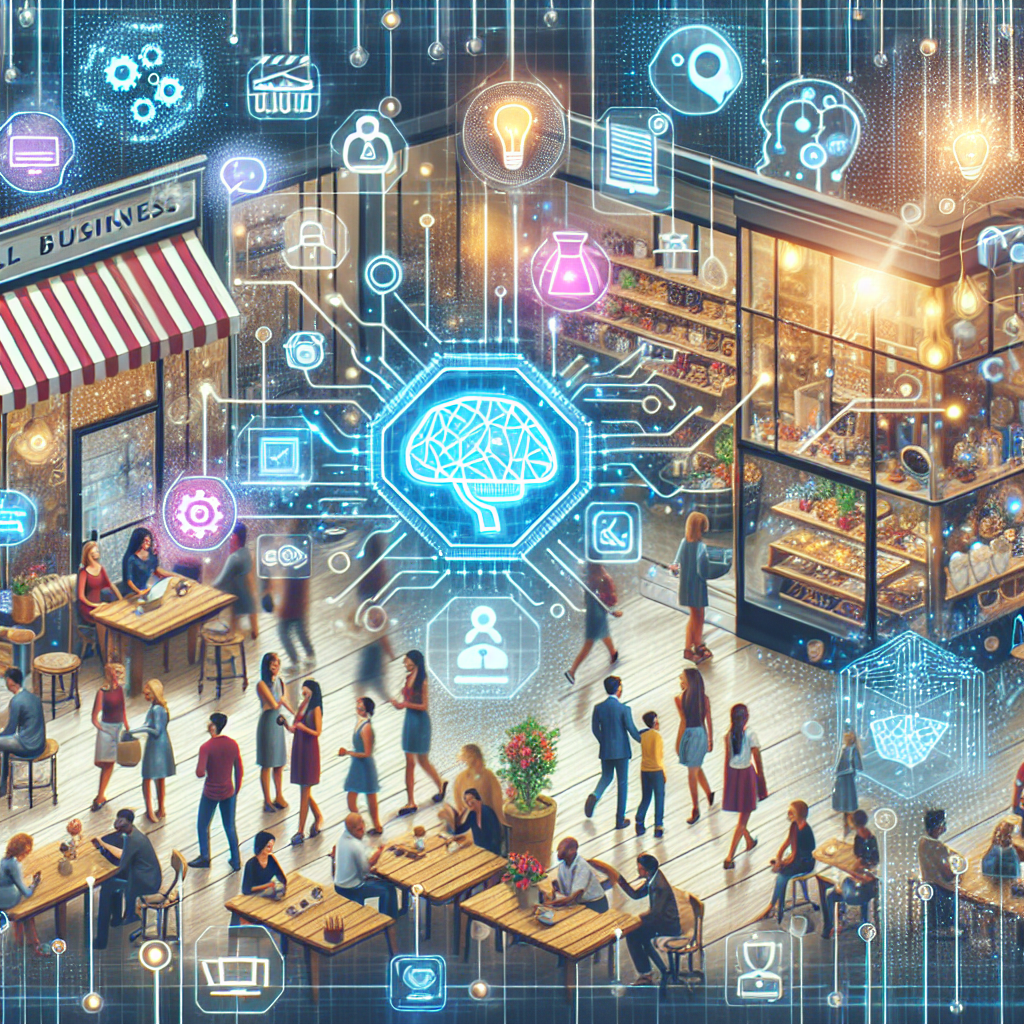 A bustling small business setting with technology symbols, representing AI interacting with customers through digital interfaces.