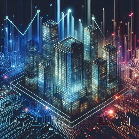 A futuristic depiction of Google office buildings intertwined with digital circuit patterns representing artificial intelligence, cloud services, and stock market growth.