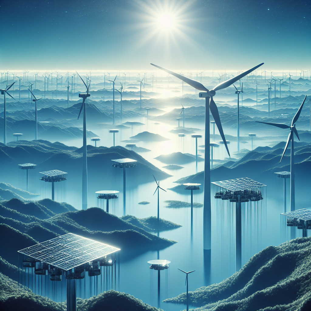 A futuristic landscape dotted with floating solar farms and advanced wind turbines, under a clear sky, symbolizing a sustainable energy future.