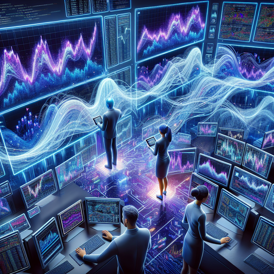 AI algorithms navigating complex stock market trends and analyzing financial data in an advanced trading environment.