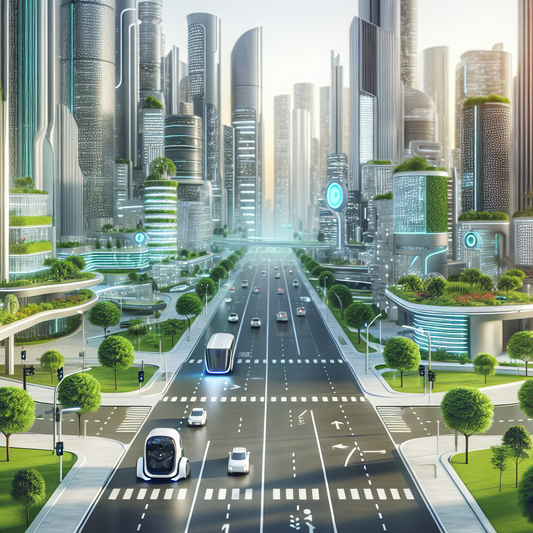 Illustrate a futuristic cityscape with autonomous vehicles smoothly navigating streets featuring smart traffic signals and green spaces.