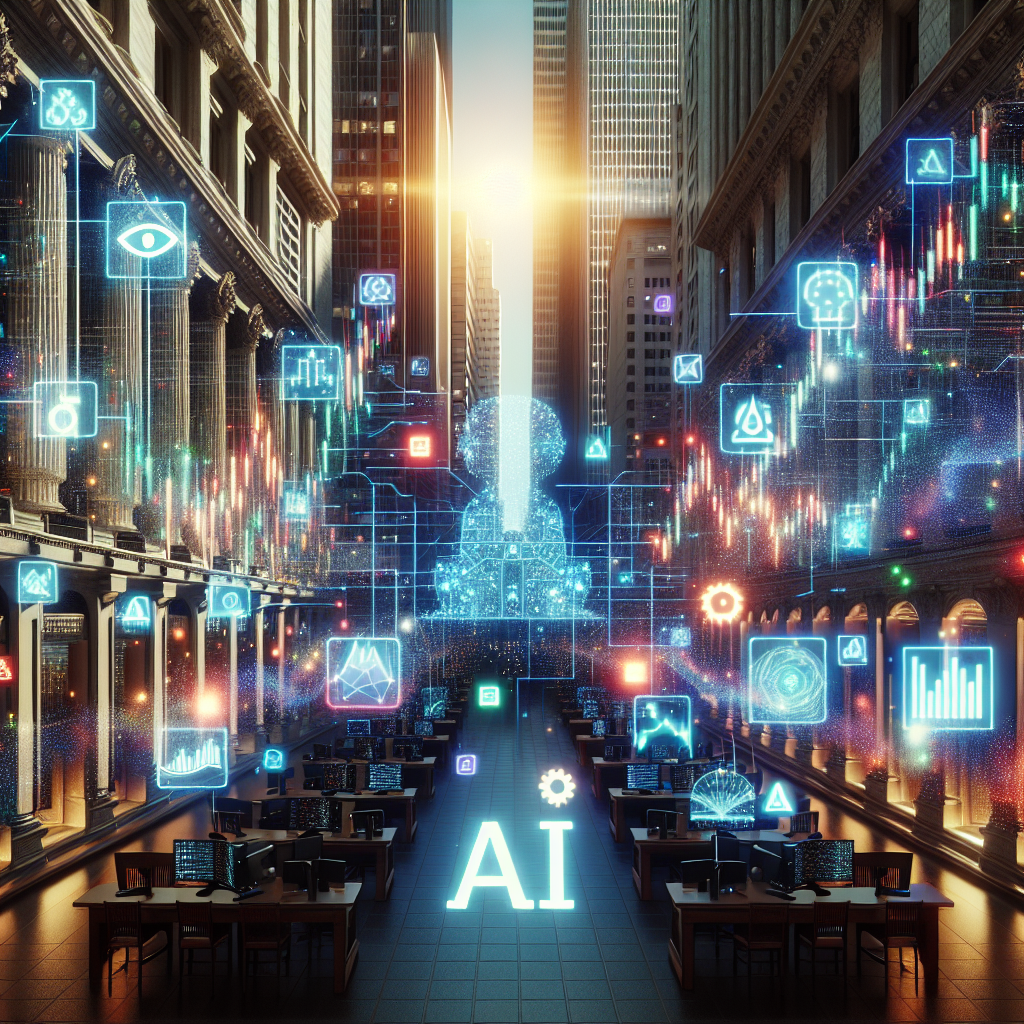 A futuristic Wall Street scene with digital stock charts, AI icons symbolizing algorithms, and a bold OpenAI logo at the center, showcasing the integration of AI in financial markets.