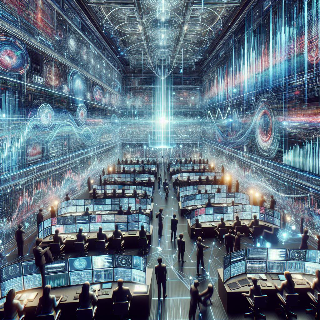 A futuristic trading floor with AI-powered displays and algorithm screens.