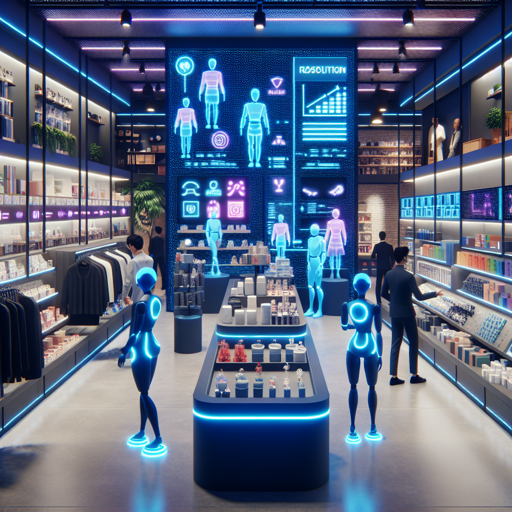 A bustling retail store with AI holograms assisting customers and shelves automatically restocking items, showcasing futuristic retail technology.