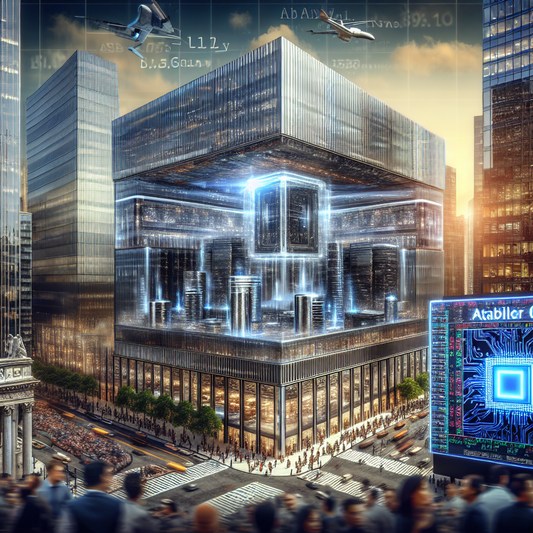 NVIDIA headquarters with a futuristic backdrop, showcasing AI chips and data centers, with a bustling Wall Street scene in the foreground.